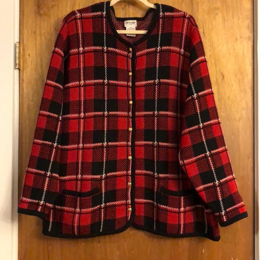 Liz Baker Red, Black, & White Plaid Cardigan 3X